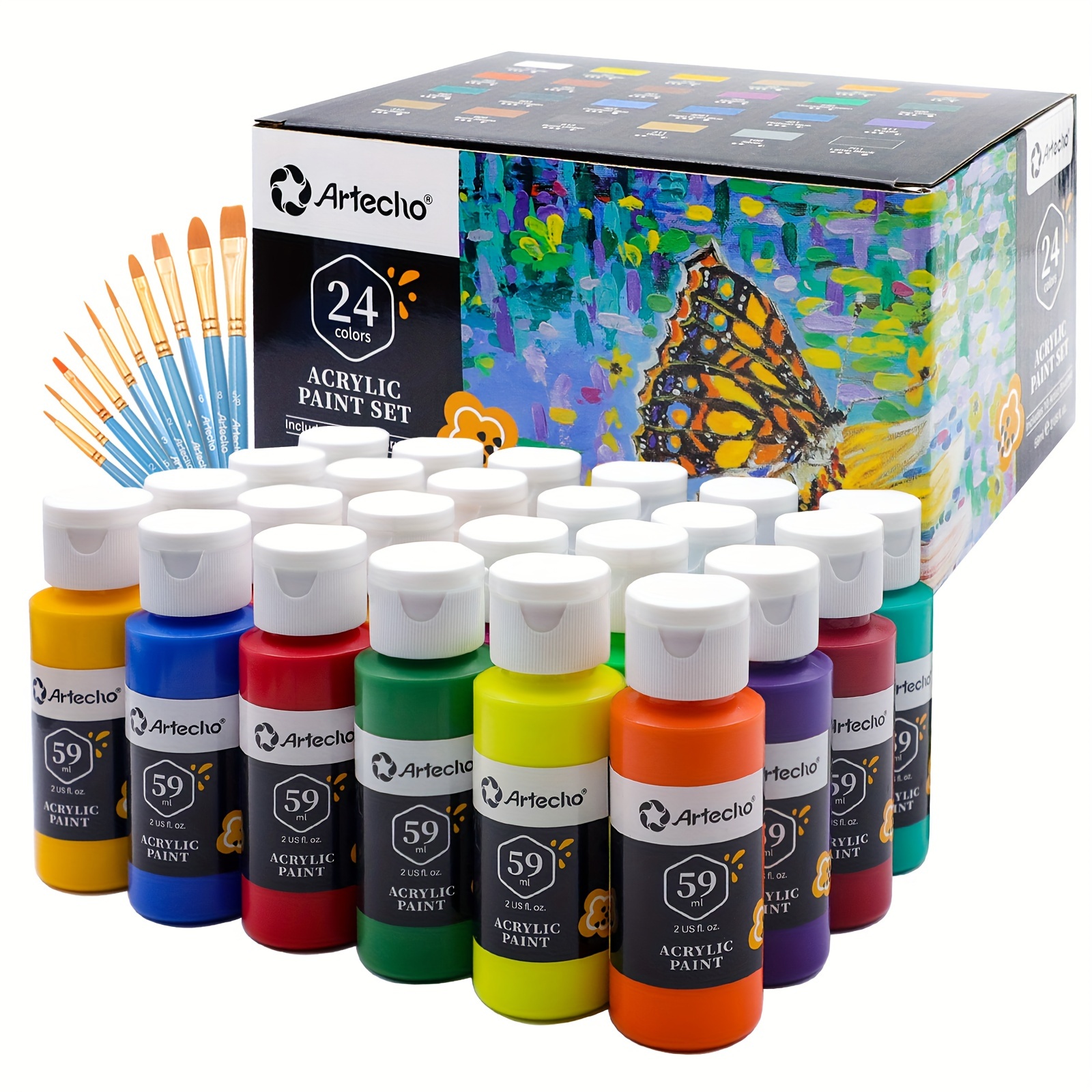 

Acrylic Paint Set With 10 Brushes And 24 Colors 2oz Art Craft Paint, Acrylic Paint Sets For Adults And Beginners, Art Supplies Painting Kit For Canvas, Wood, Rocks, Fabric, Glass