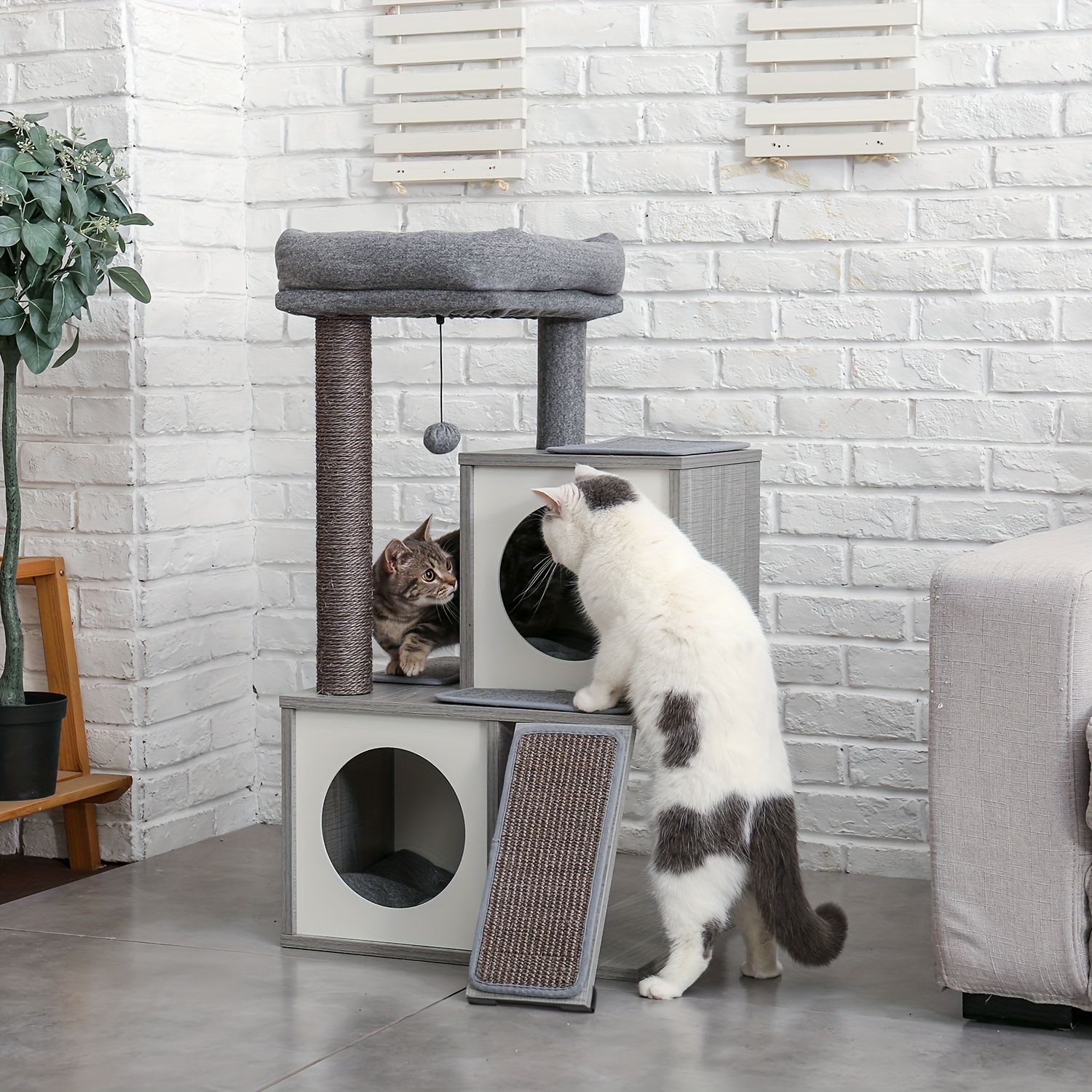 

Pawzroad 41" Wooden At Tree For Indoor, Cat Tower With Double Condos, Removable Spacious Perch, Fully Wrapped Scratching Sisal Posts, Replaceable Dangling Balls, Grey, Beige