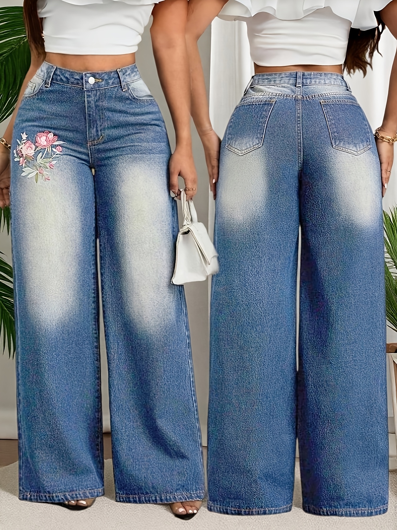 2026 Spring/Summer New Floral Embroidered Stretch Wide-Leg Pants, Loose Fit Wide-Leg Jeans, Embroidered Wide-Leg Women's Washed Denim Pants