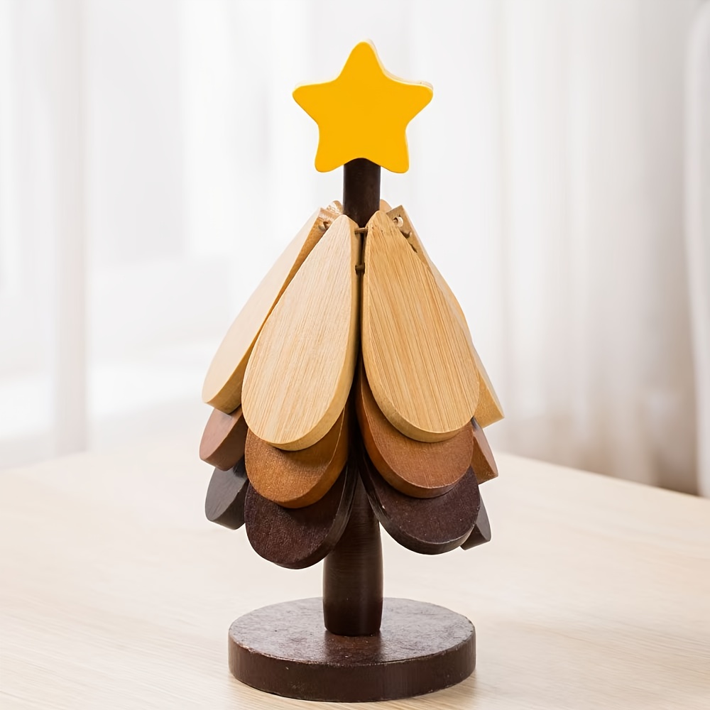 5pcs natural   wood christmas tree heat resistant coaster pot holder set with star topper sturdy base heat resistant kitchen mats for hot dishes holiday table decor durable surface protectors ideal gift   Product details 4
