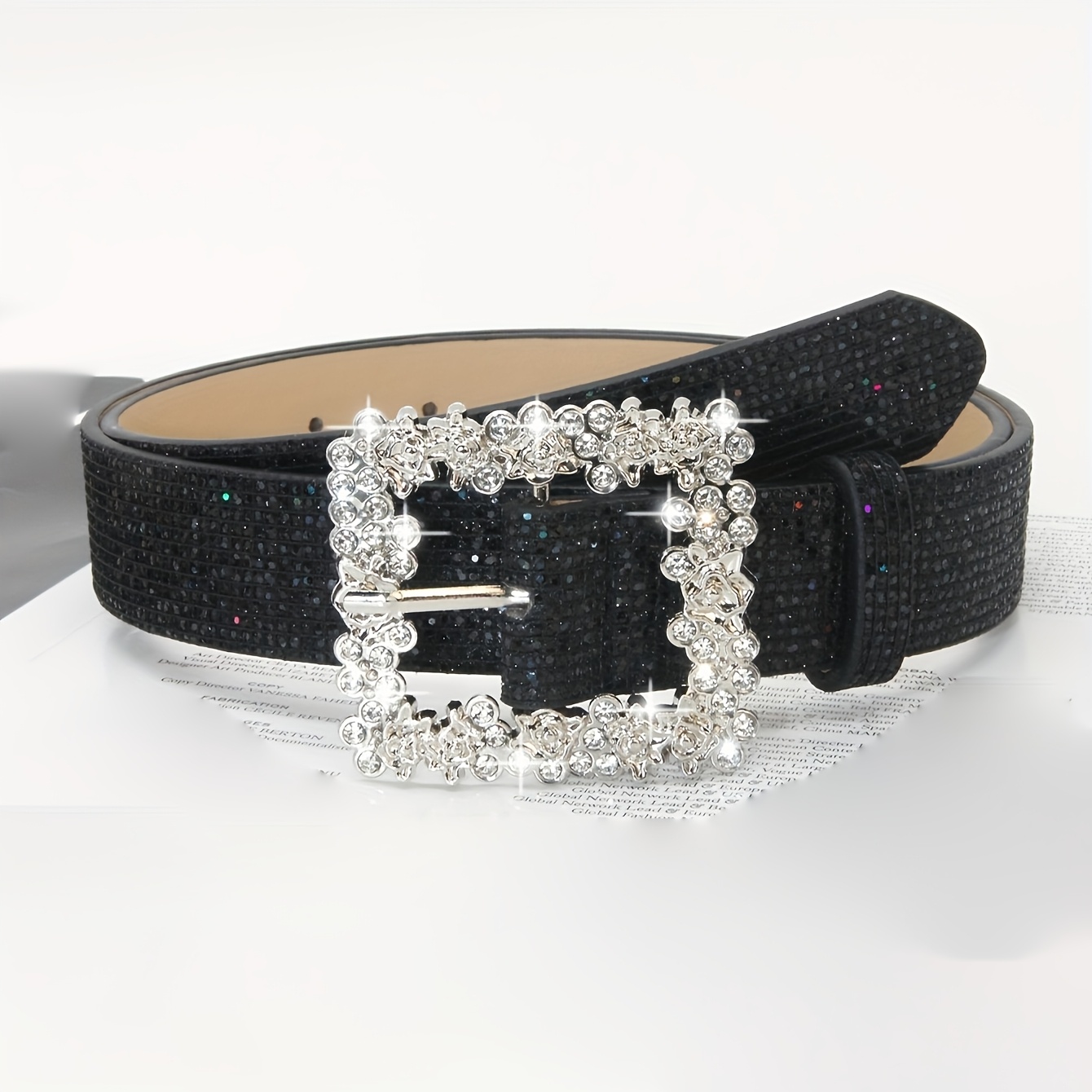 Image of 1pc Women's Pin Rhinestone-embedded Sparkly Belt, Elegant Sequined Pu Belt For Casual Outfit Pairing