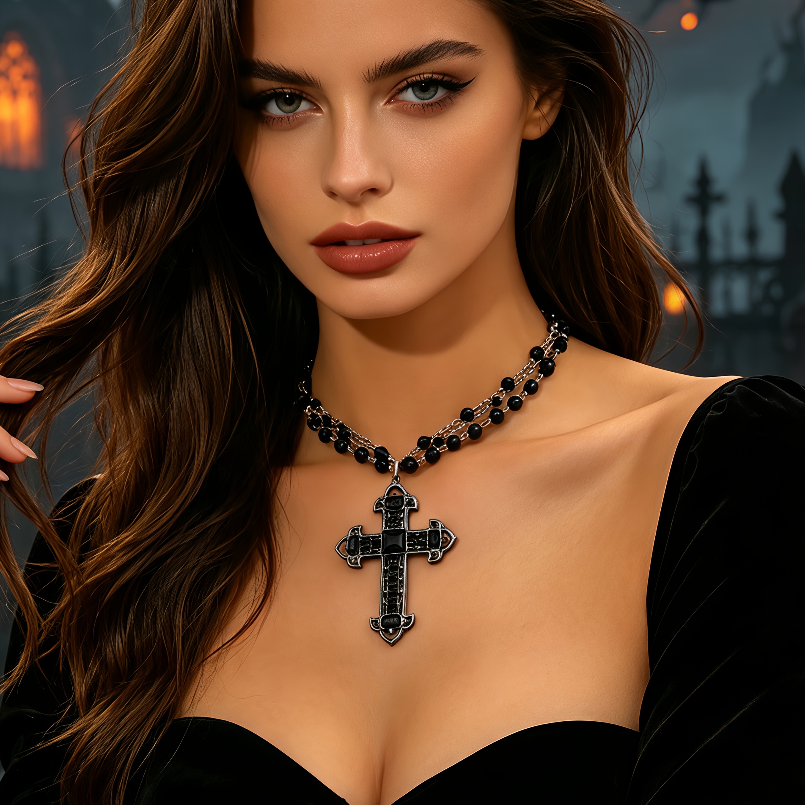 Women's Multi-Layer Black Bead Chain with Vintage Cross Pendant Necklace