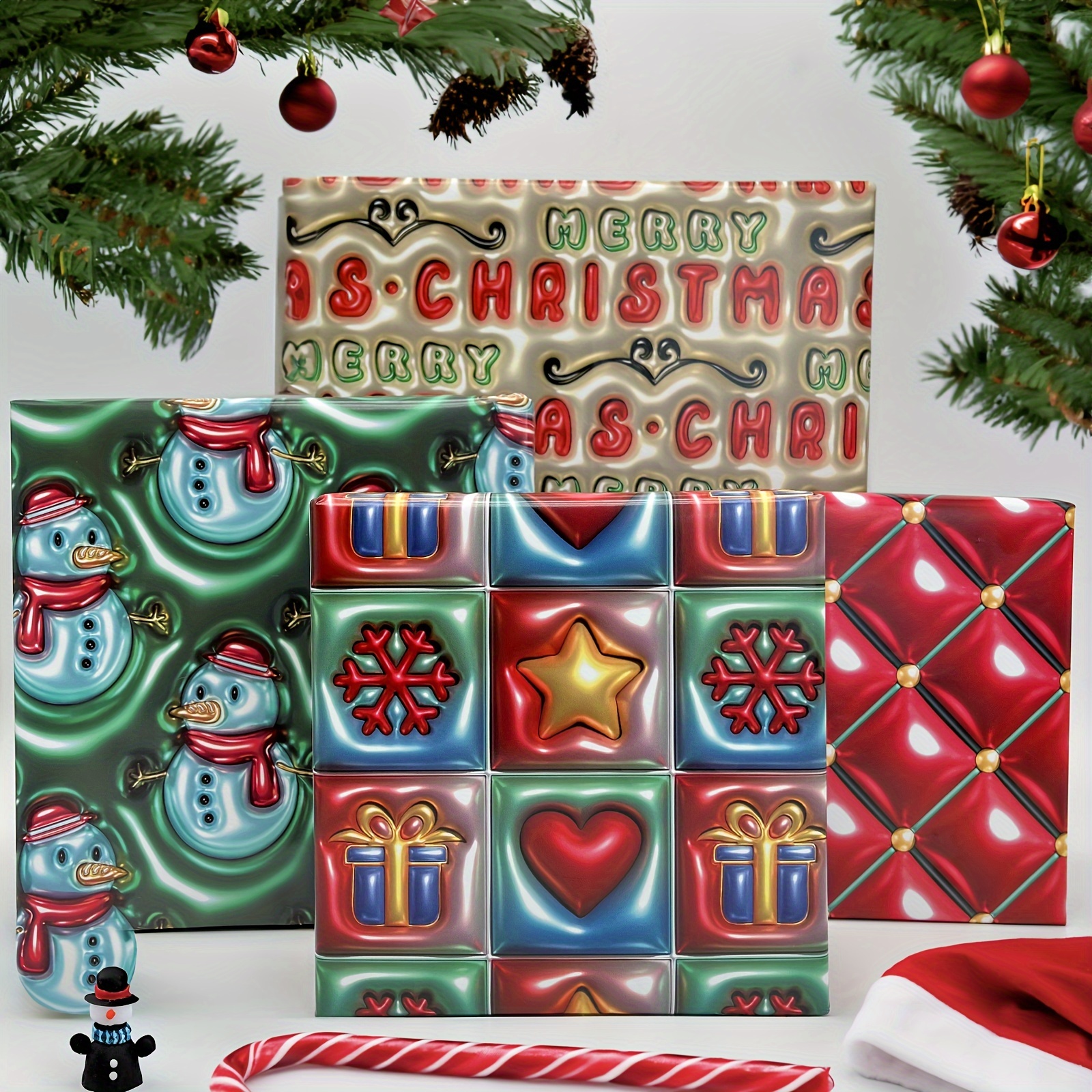 Image of 8 Pcs 4 Style 20 X 28 Inch Stereoscopic Christmas Wrapping Paper Bundle - Unique Design With Snowman Merry Christmas, Ideal For Holiday Gifts