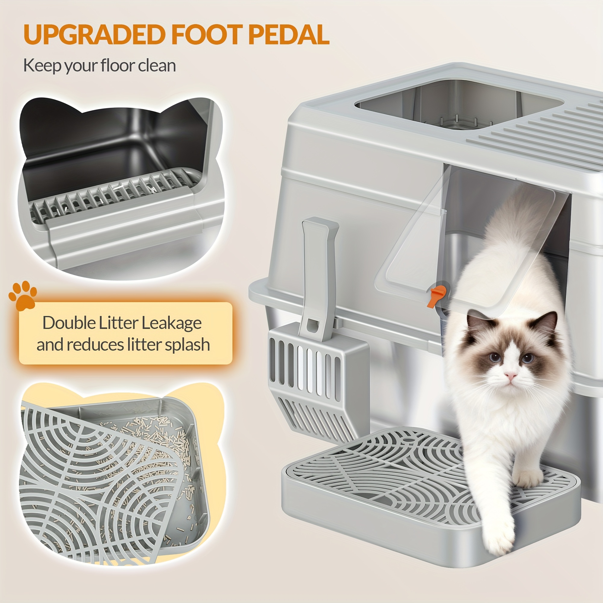 Bac à Litière En Acier Inoxydable, PalNests XXL Litter Pour Chat Avec Couvercle à 105° Et Pelle, Litière En Métal Amovible Avec Charbon Actif, 3 En 1 Litiere à Bords Hauts Avec