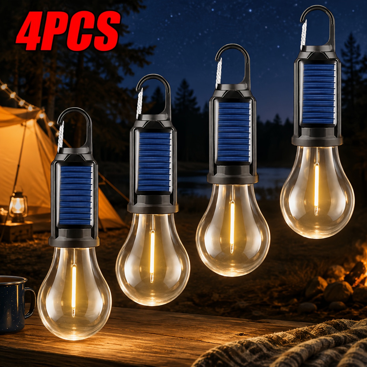 TEMU 4/6/10pcs Portable Emergency Led Lamps, Ip65 Level Waterproof Dual Usb And Solar Charging Tent Lamp, With Hooks, 3 Lighting , Built-in 1000mah