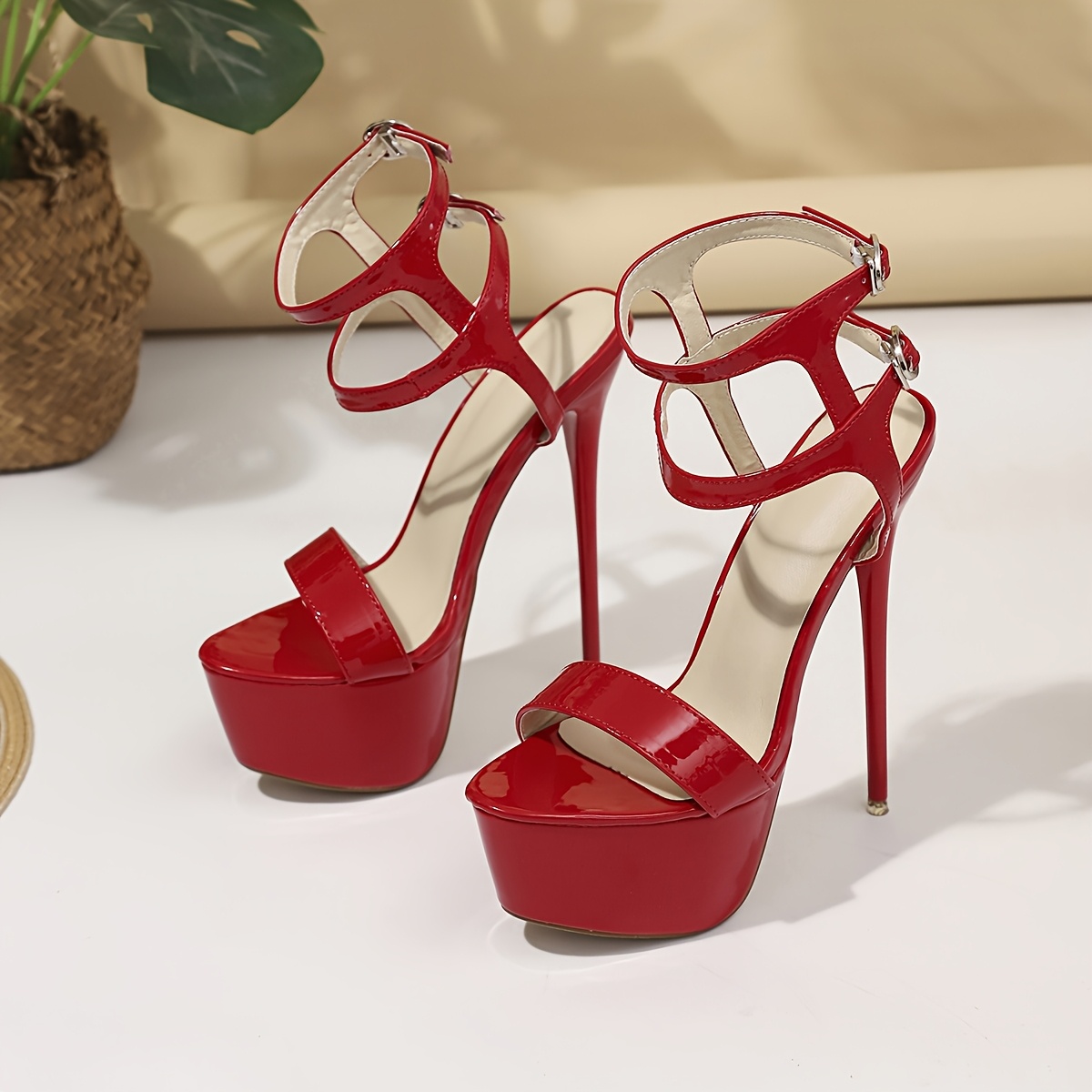 2025 New Women'S Stiletto Heel Pumps Red Synthetic Cover Round-Toe Shoes  with Ankle Strap, Ultra-High Heels for Parties, Weddings Formal Events, S