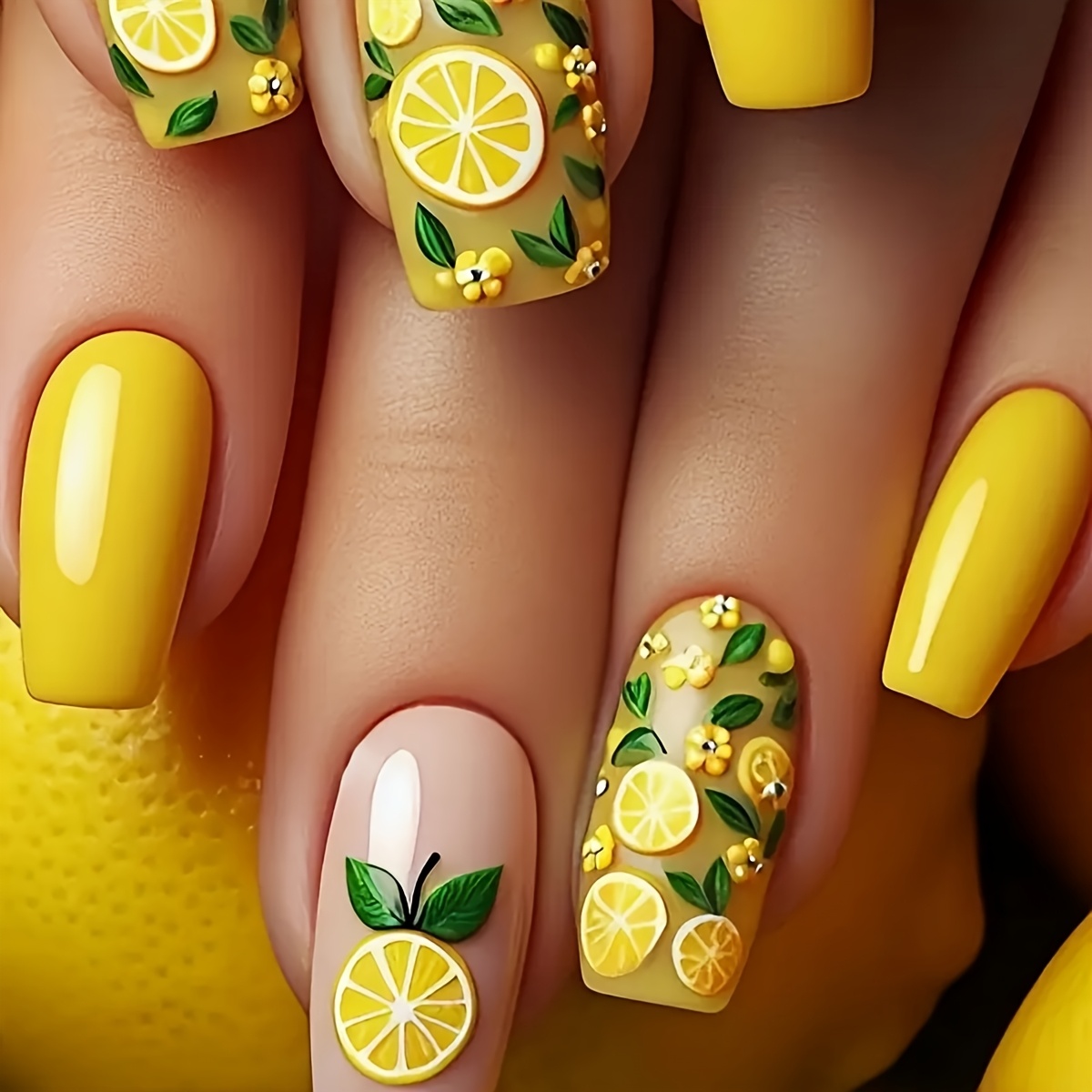 Image of 24pcs Medium-length Square Press-on Nails, Lemon Fake Nails With Jelly Glue And Nail File, Suitable For Women' Use And Parties