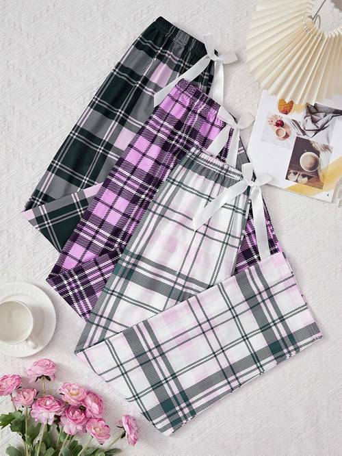 womens three piece set with bow belt and plaid print features comfortable fabric and a loose fit for with exquisite plaid patterns elastic waist pants offer a cozy and relaxed and ensemble