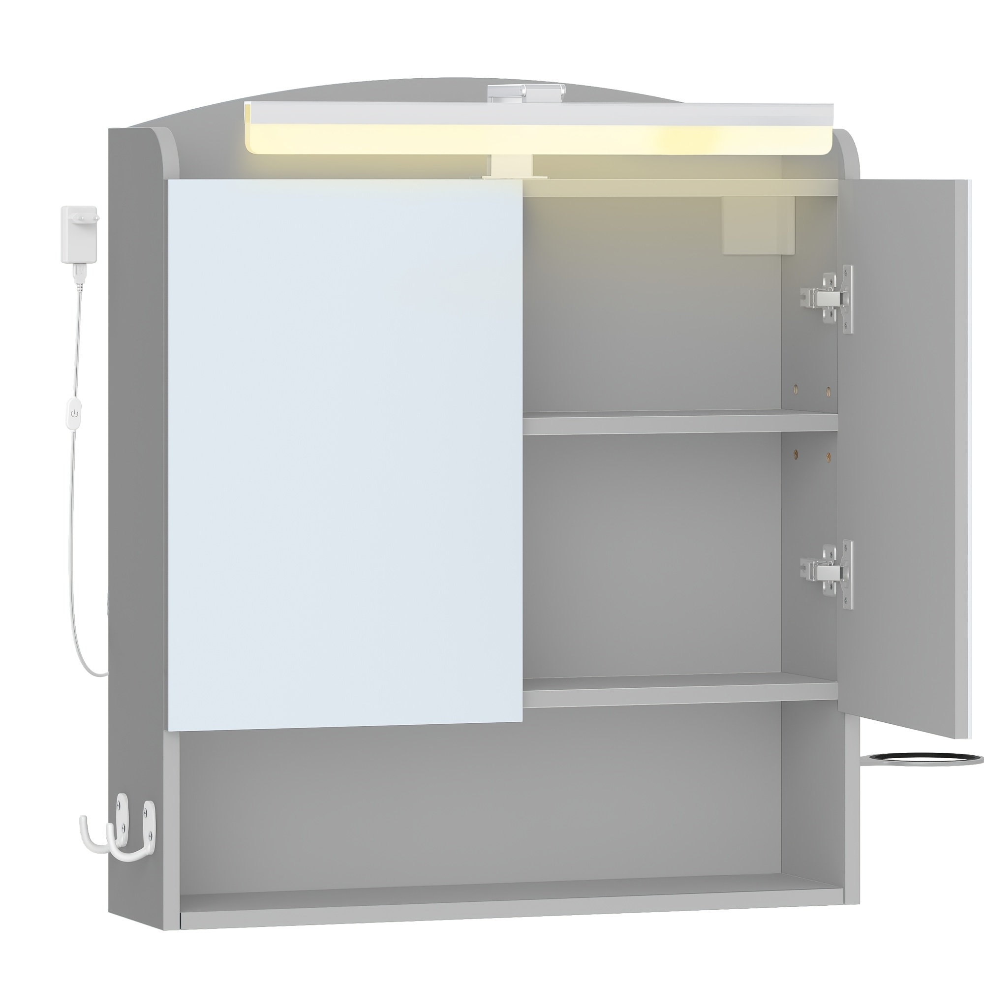 TEMU Mobiletto Medico, Specchio Bagno, Mobile Bagno con Specchio, Mobile da Parete, Porta Asciugacapelli e Ganci, Ripiano Regolabile, Grigio, 16.5 X