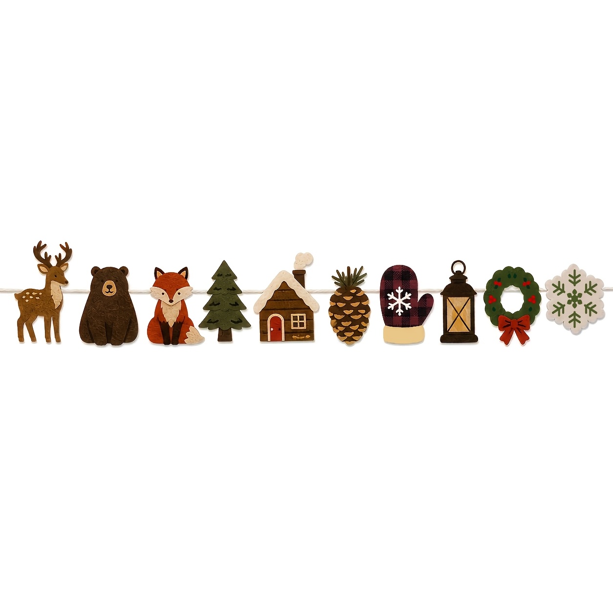 TEMU 10pcs Christmas Felt Banner With Reindeer, Bear, Fox, Pine Tree, , Pine Cone, Glove, Lantern, Wreath, And Snowflake Patterns- Rustic Holiday