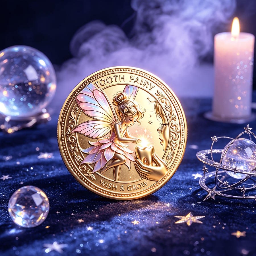 Replica Coin 3d Fairy Tooth Fairy Commemorative Coin With Elf Wings And Tooth Pattern, A Childhood Growth Collection Coin, A Tooth Replacement Commemorative Fairy Tale Themed Gift