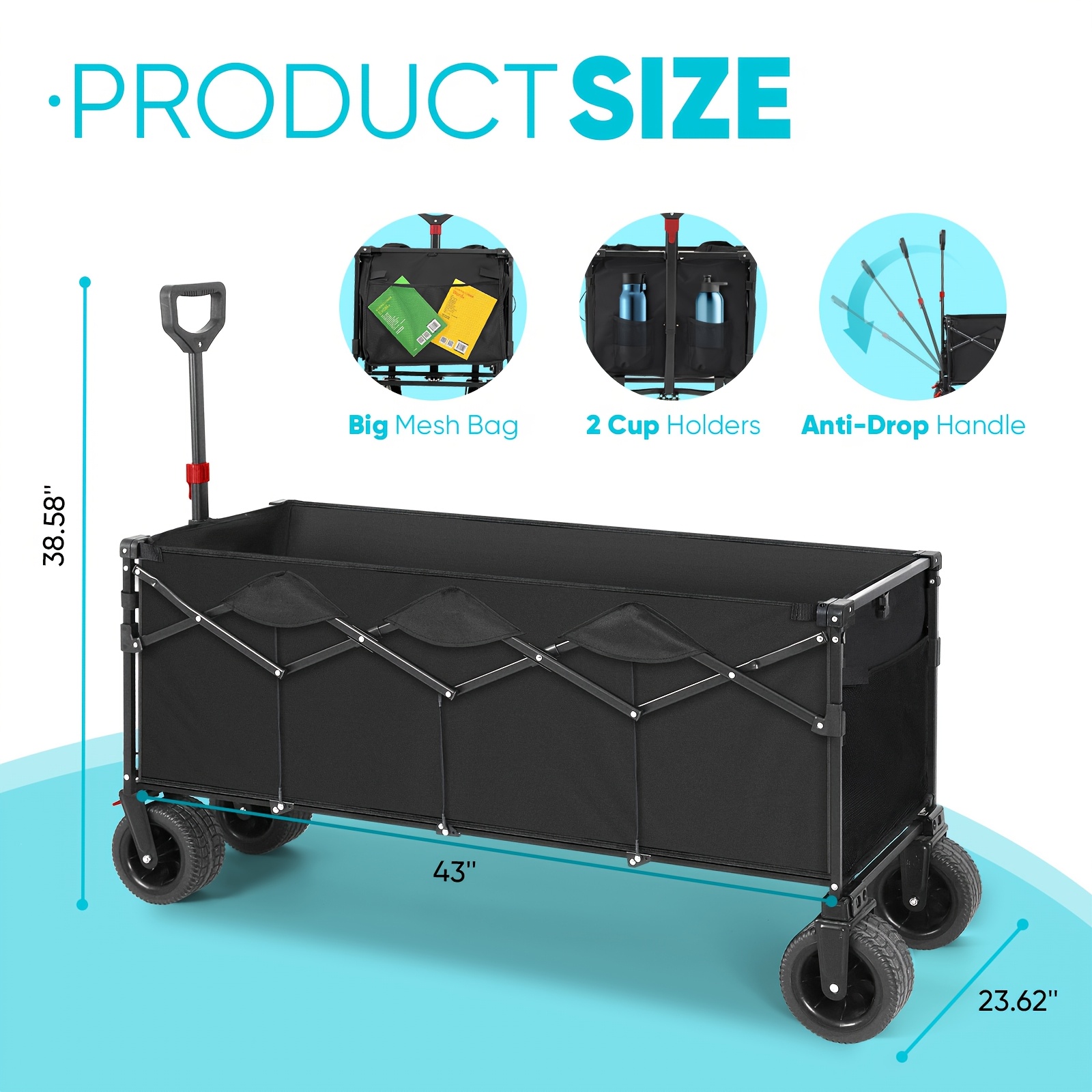 Collapsible folding garden cart with extended tailgate, 500L large capacity, heavy-duty steel frame, supports up to 440 lbs. Equipped with oversized all-terrain wheels for smooth movement on sand, grass, and gravel. Ideal for shopping, camping, garde