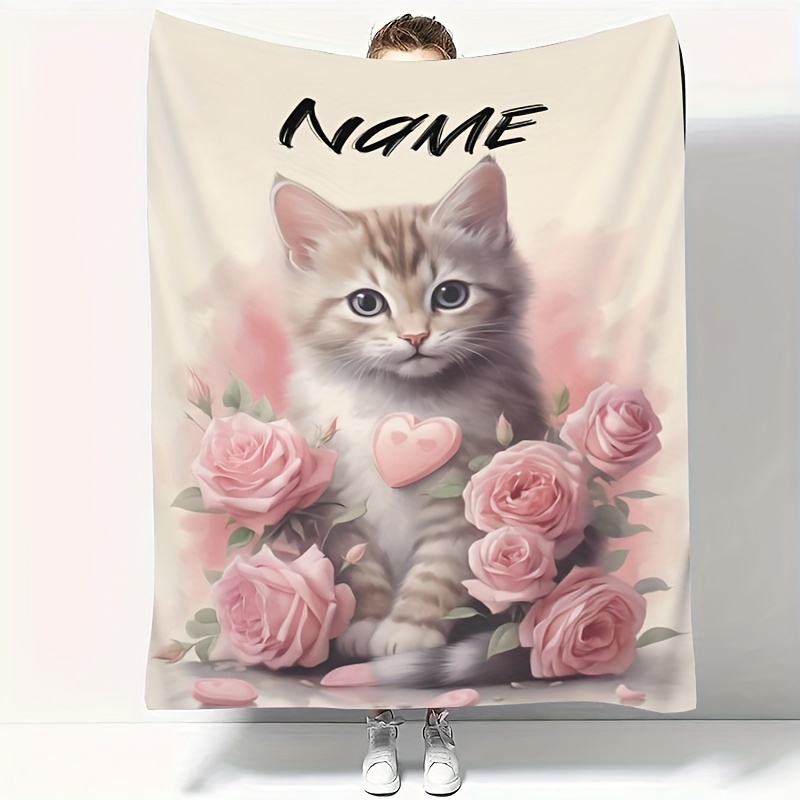 

Personalized Kitty Blanket With Pink Roses - Perfect Gift For Mom, Girlfriend, Or Cat Lover - Soft And Warm Flannel Blanket For Bed Or Sofa - Suitable For All Seasons - Hand Wash Only