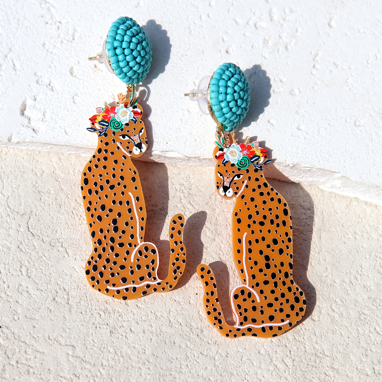 TEMU 1 Paire de Boucles d'Oreilles Pendantes Artisanales à Imprimé Léopard en Perles, Thème Animalier en Acrylique avec Tiges en Acier Inoxydable,