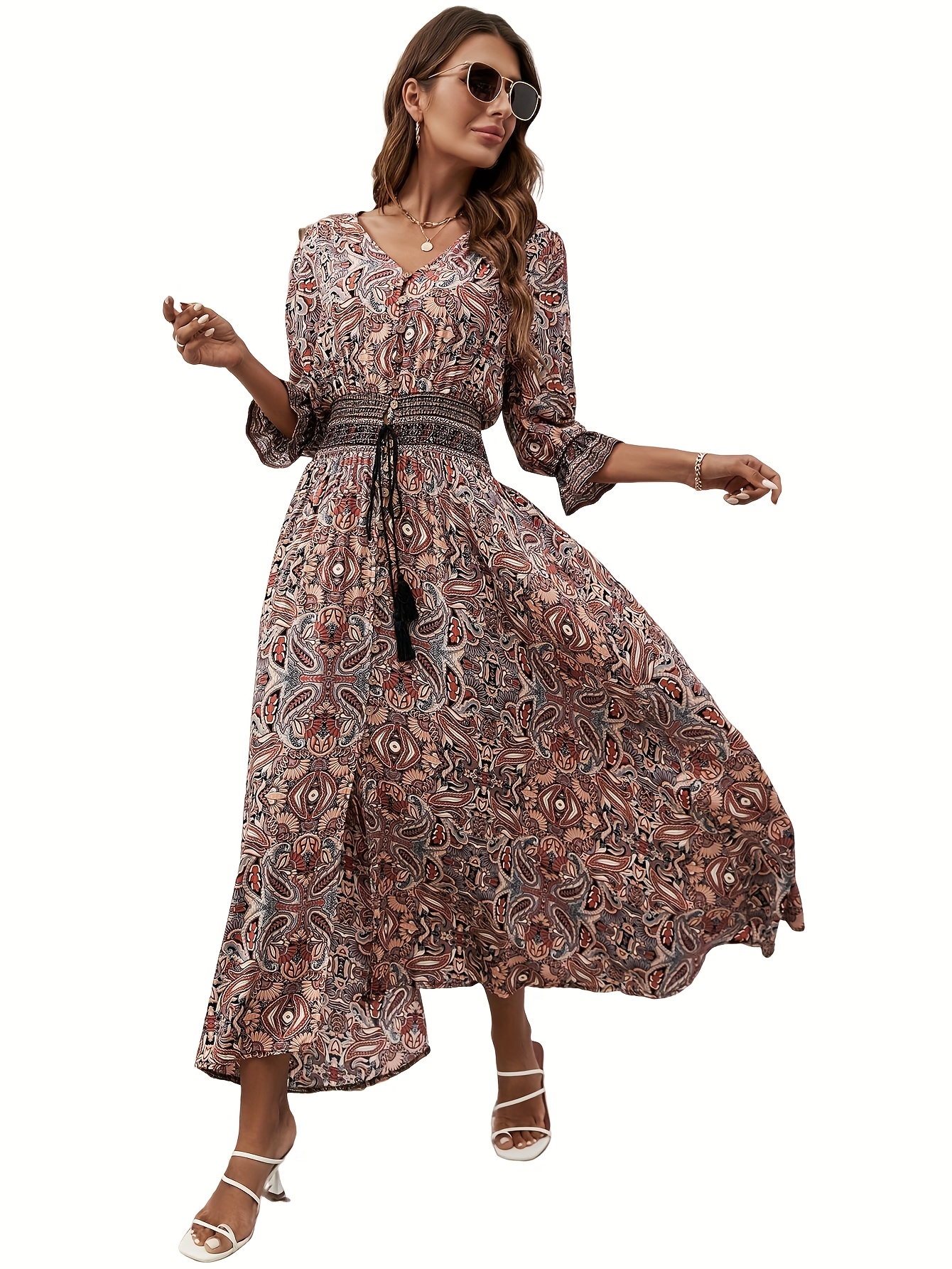 womens bohemian floral maxi dress three quarter sleeve - Temu