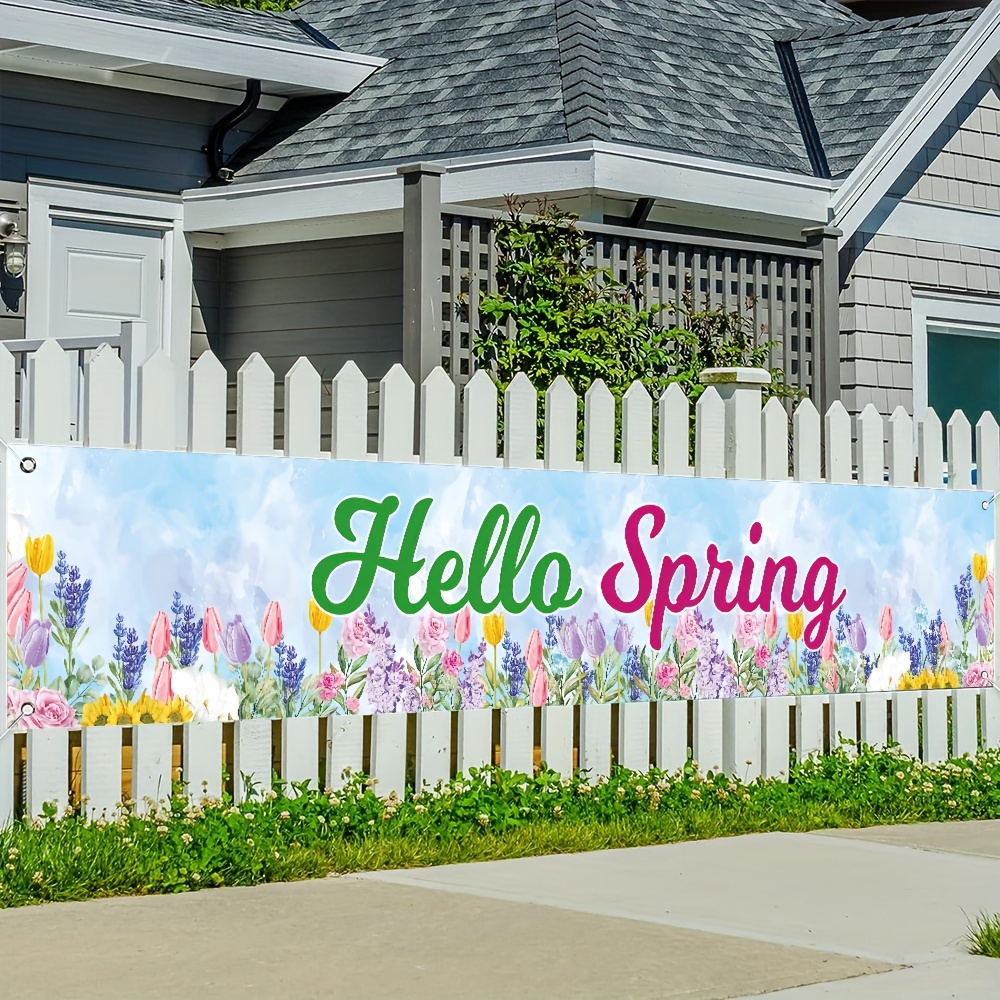 

1pc, Welcome Spring Large Decorative Banner, Polyester Spring Watercolor Floral Pattern Hanging Background Outdoor Garden Fence Balcony Interior Decoration 118x19 Inches