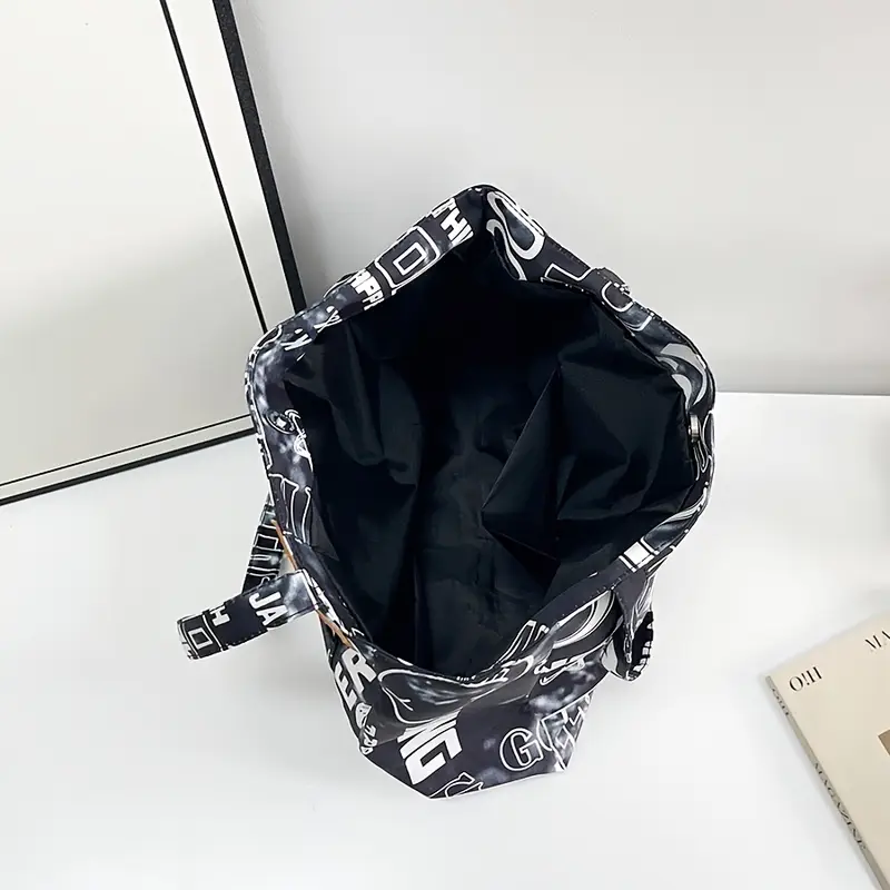 1pc steampunk style oxford cloth tote bag fashion shoulder bag with fixed straps foldable with magnetic closure polyester lined large capacity graffiti letter print shopper details 10