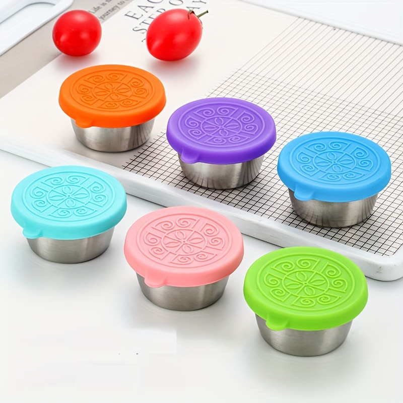 

4pcs 304 Stainless Steel Small Dishes Sauce Dish Sauce Cup Silicone Lid Salad Tomato Sauce Seasoning Container Fresh Sauce Dish