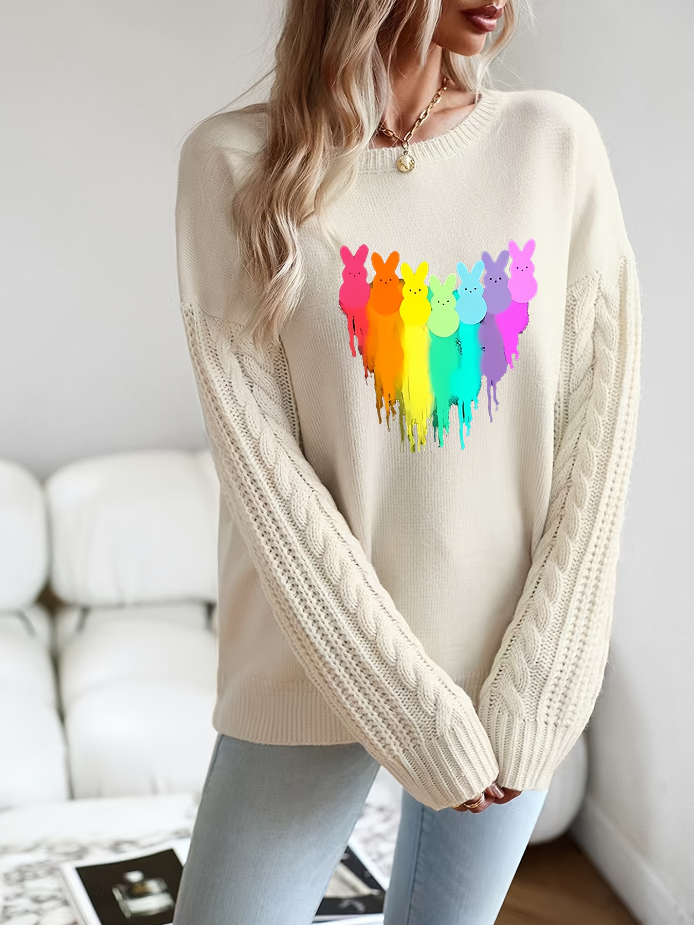 Women's Oversized Rainbow Stripe Sweater White Multicolor Sweater with  Twisted Rope Neckline, Cozy Winter Sweeping Sweater for Fall/Winter,  Machine
