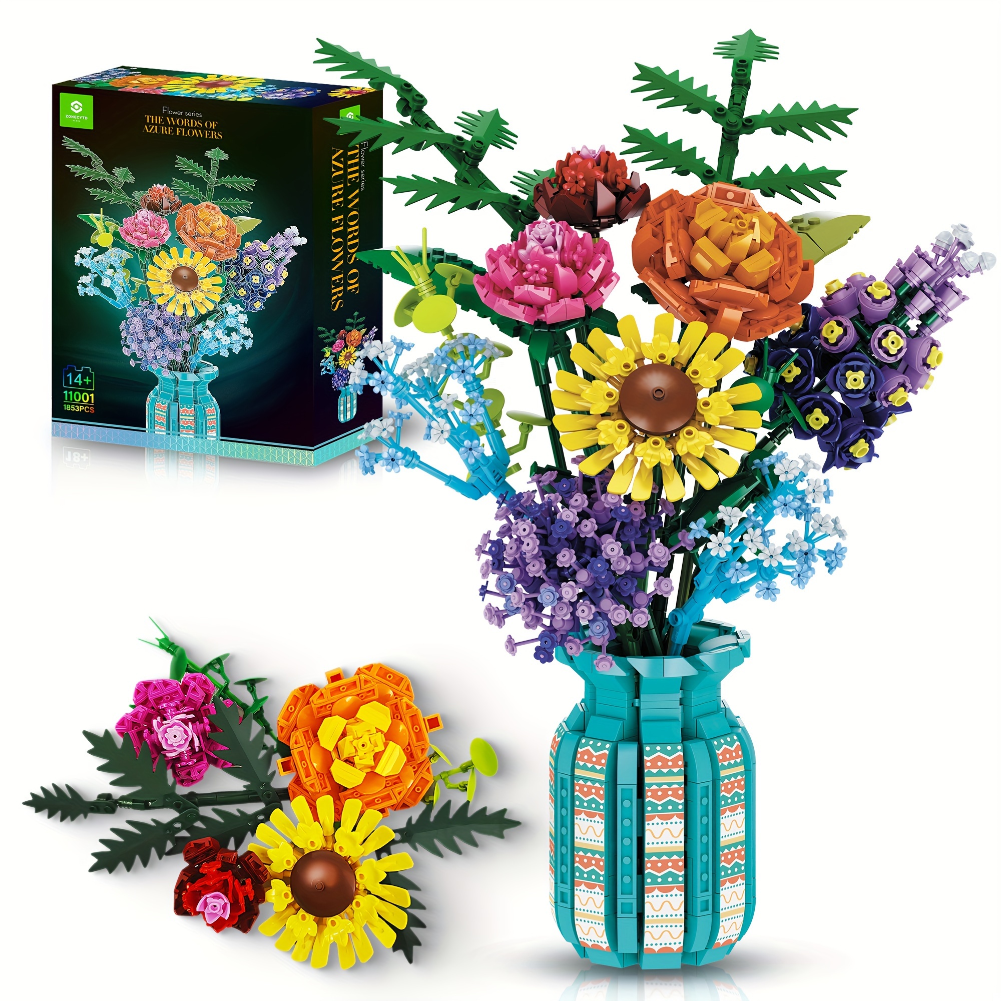 

Flowers Bouquet Building Blocks Set Toys With Vase, Roses, Sunflower, Hyacinth, Hydrangea, Artificial Plants For Adults, Teen Girls, Home, Office Decor 1853pcs