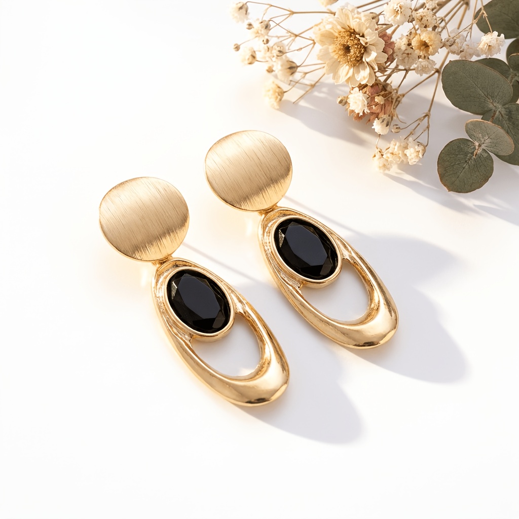 TEMU 1 Par de Aretes Ovalados Dorados Cepillados con Diseño Hueco de de Piedra Negra, Estilo Geométrico Moderno de Lujo , con Placas Doradas