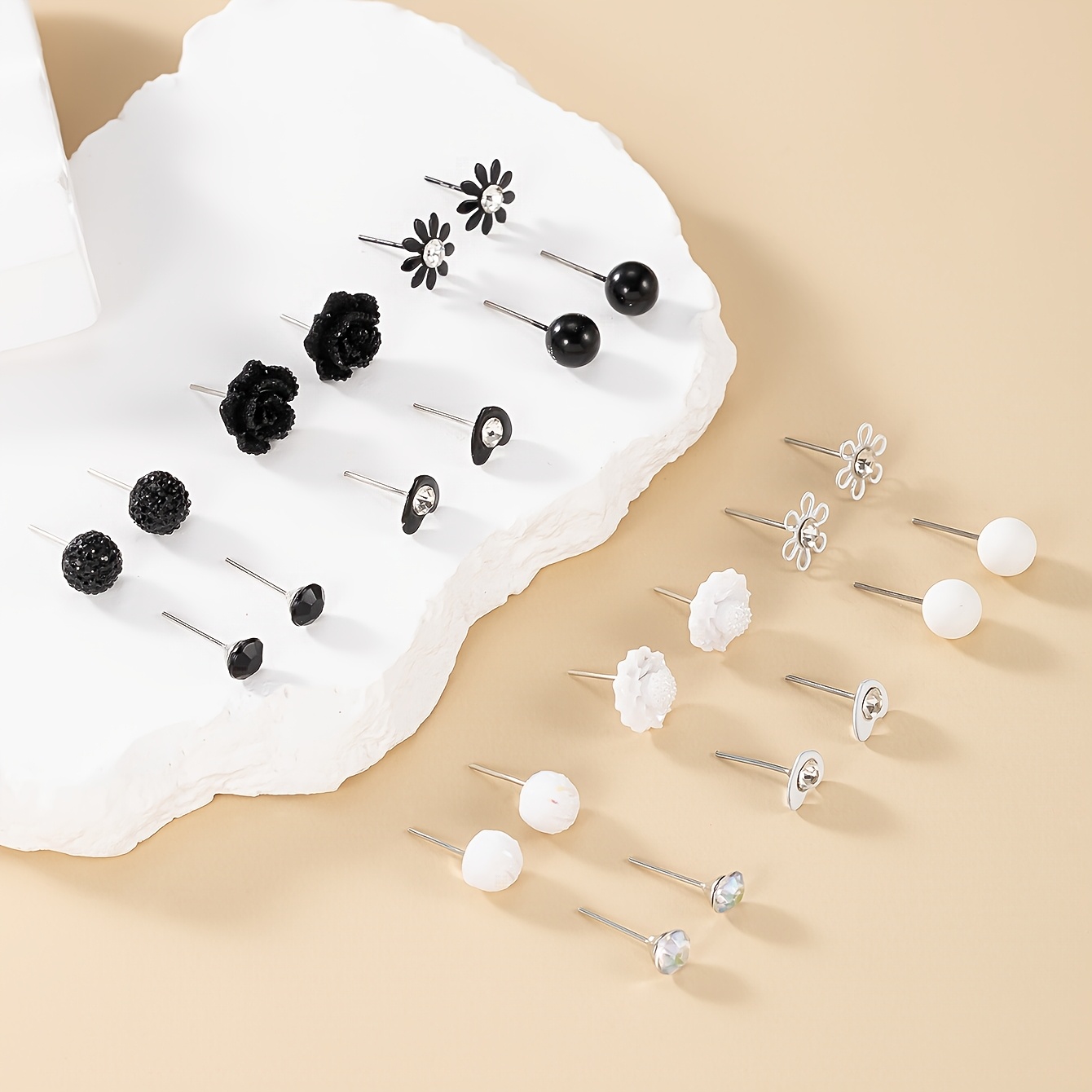 12-Pair Large Pack Small Simple Earrings, Heart & Round Flower Studs