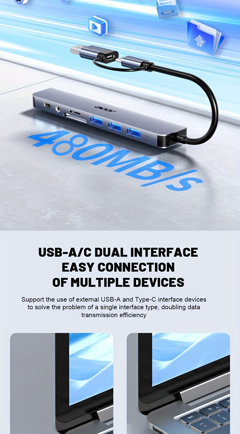 Acer HY41-T8 8-in-1 USB-C/USB Dual Interface Expansion Dock with 480Mbps Speed, USB-C Type-C/USB-C Dual Ports, Usb-c Hub