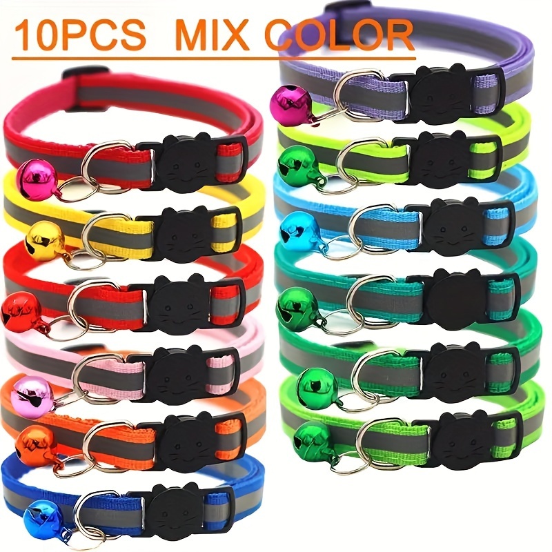 

10-pack Reflective Breakaway Cat Collars With Bells & Round Ears, Durable Polyamide Material, Adjustable Safety Pet Collar Set With Various Patterns