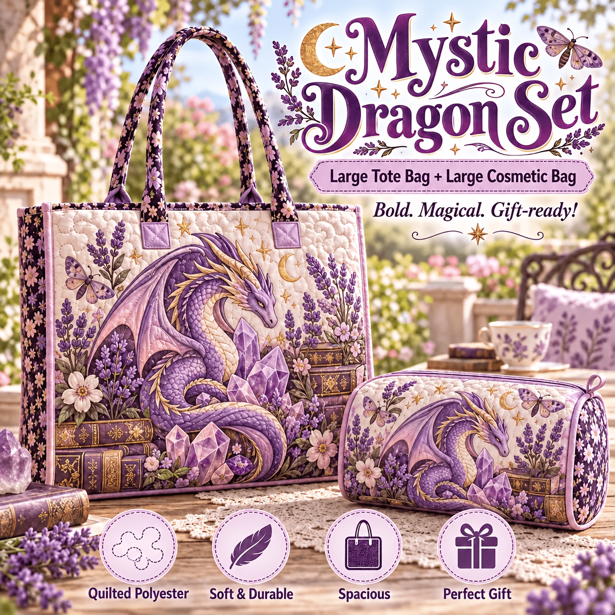 TEMU Purple Dragon Floral And Vine Print 2pcs Quilted Tote Bag Set For Women, Whimsical Botanical Large Shoulder Carryall With Matching Zipper Pouch,