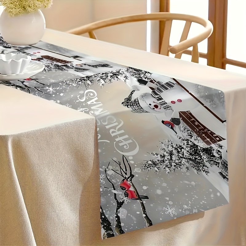 TEMU 1pc Christmas-themed Tablecloth - Featuring Festive Snowman And Reindeer Designs, Made Of Polyester, Suitable For And Dining Table Decoration, Perfect For Festive Party Decor
