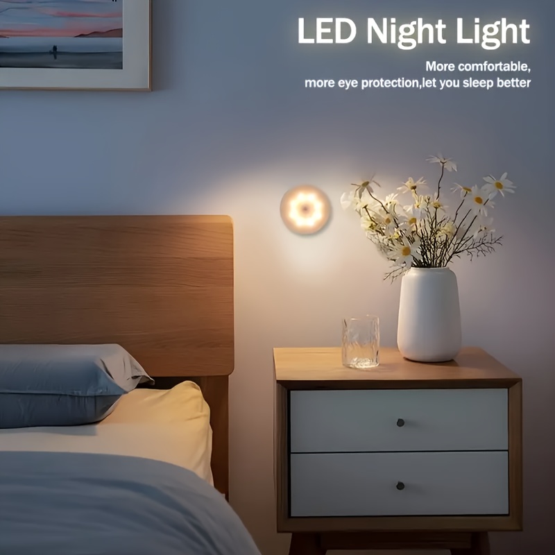 5pcs Smart Motion Sensor LED Night Light, Magnetic Bedside Lamp, Round Staircase Wall Lamp, Charging Desk Lamp for Students' Dormitory Bookshelf, Suitable For Stairs Bedroom Dormitory And Wardrobe, Perfect Creative Gift, Halloween Christmas Holiday
