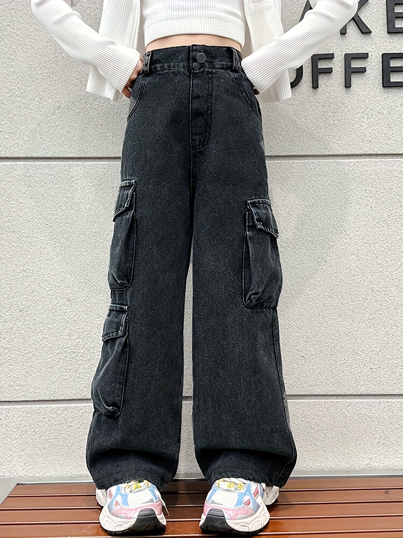 Black Jeans Womens Cargo Baggy Jeans High Waisted Stretchy Relaxed