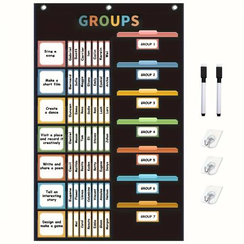 bohemian style group management pocket chart with 114 cards classroom work chart large size group hanging bag set 2 markers 3 hooks 114 cards school teacher school learning supplies group storage bag black