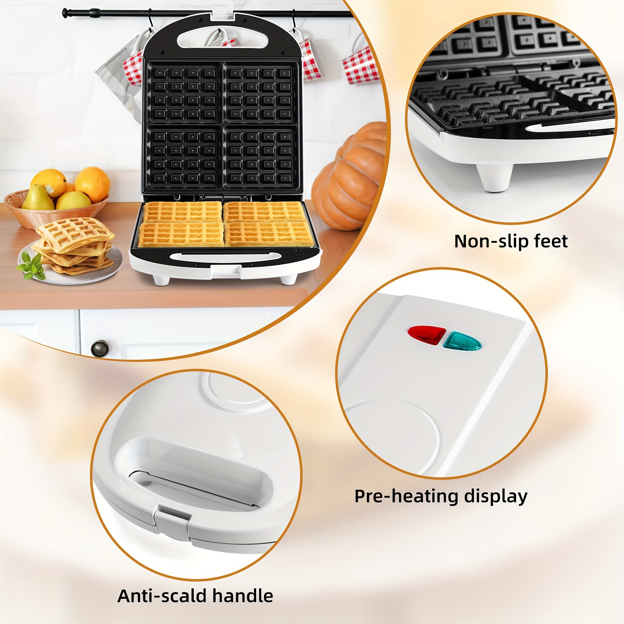 

Susteas Waffle Maker, Waffle Irons Non-stick For Easy Cleanup, 4- Belgian Waffle Sandwich Maker, Indicator Lights, Cool Touch Handle, Stainless Steel, 1000w Heating Fast, White