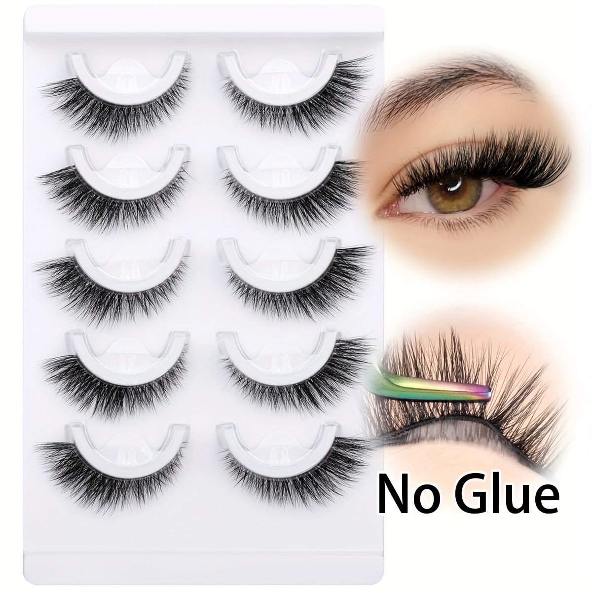 Image of 5 Pairs Natural Self-adhesive Eyelashes Cat Eye Self-adhesive Eyelashes Short Fine False Eyelashes Fox Eye No Glue Needed Reusable Self-adhesive Eyelashes