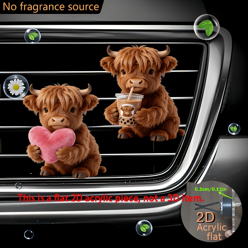 TEMU Plat 2D, 2 pièces, décorations de type clip pour bouche d'aération de voiture, désodorisant de voiture vache Highland avec tampon éponge inodore
