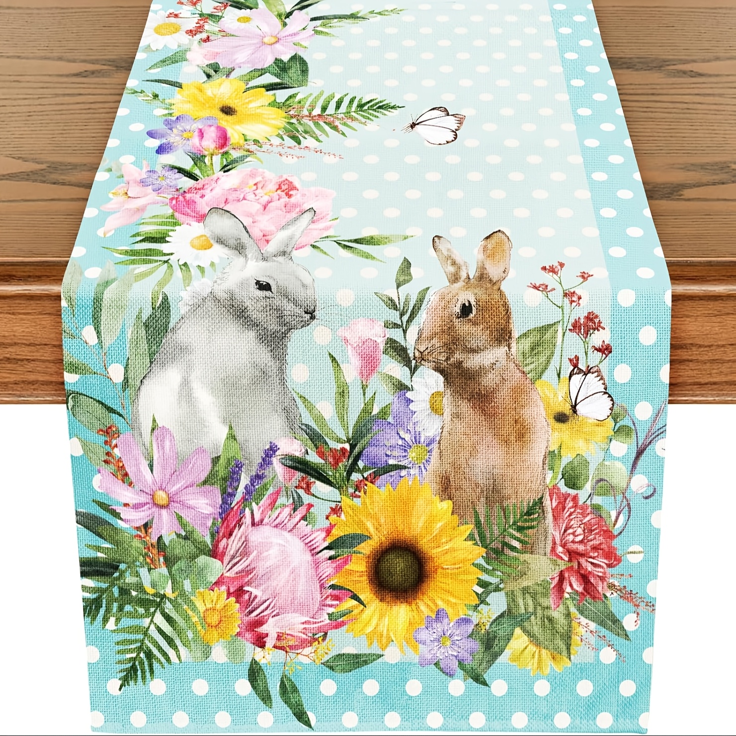 TEMU 1pc Linen Easter Table Runner With Bunny & - Polka Dot Spring Summer Farmhouse Decor For Kitchen, Weddings, Parties - 13x48/72/108 Inch, Durable Fabric