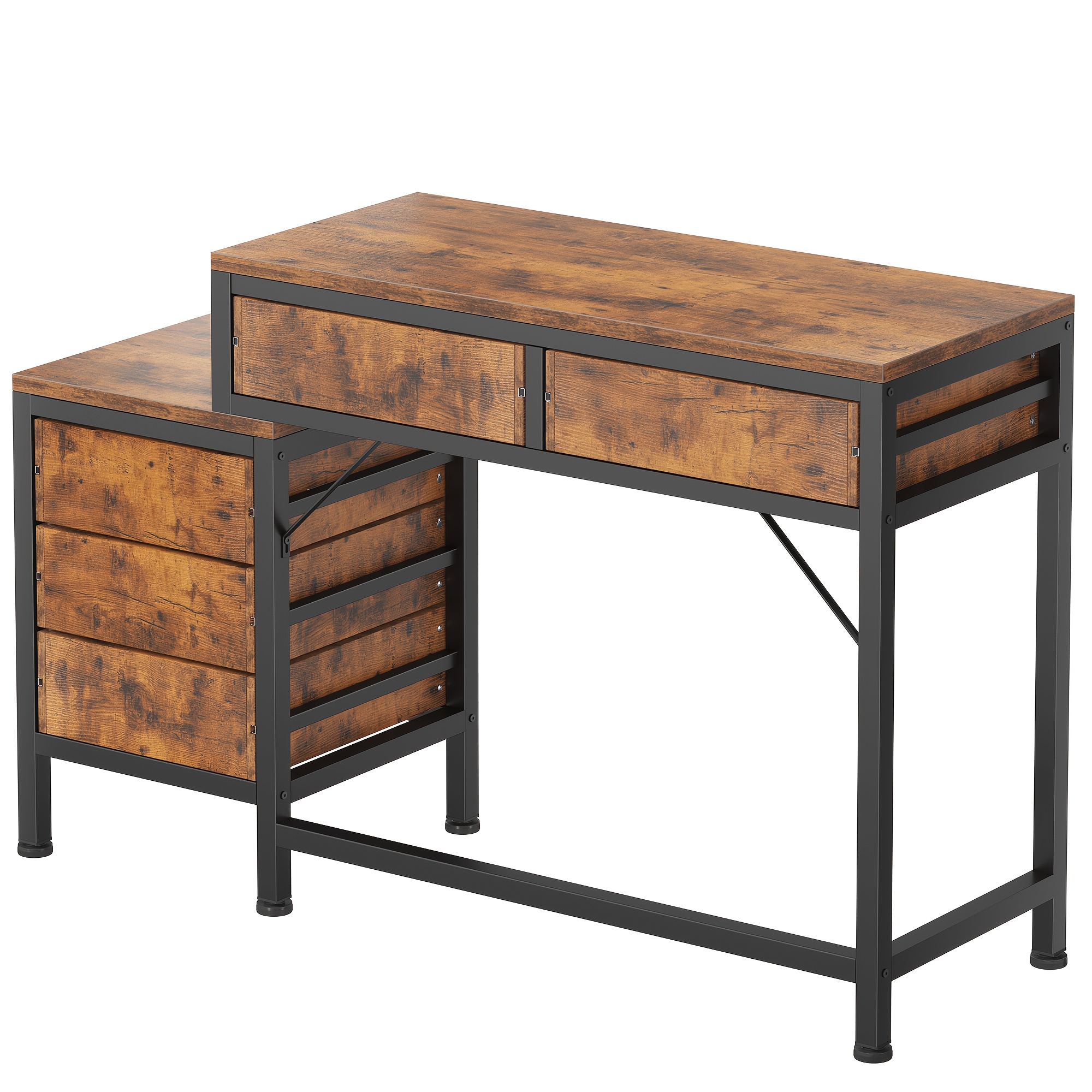 51in Retro Industrial Writing Desk with 5 Drawers & Printer Stand