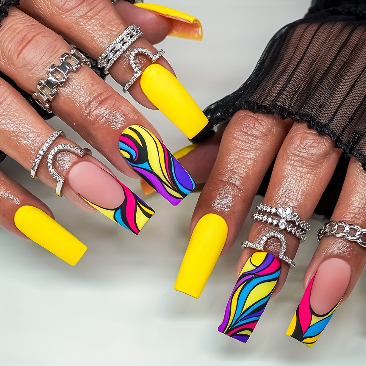 TEMU 24pcs Vibrant Long Oval Press-on Nails Set - Yellow With & Contrasting Patterns, Includes Jelly Glue & Nail File - Ideal For , Nail Accessories