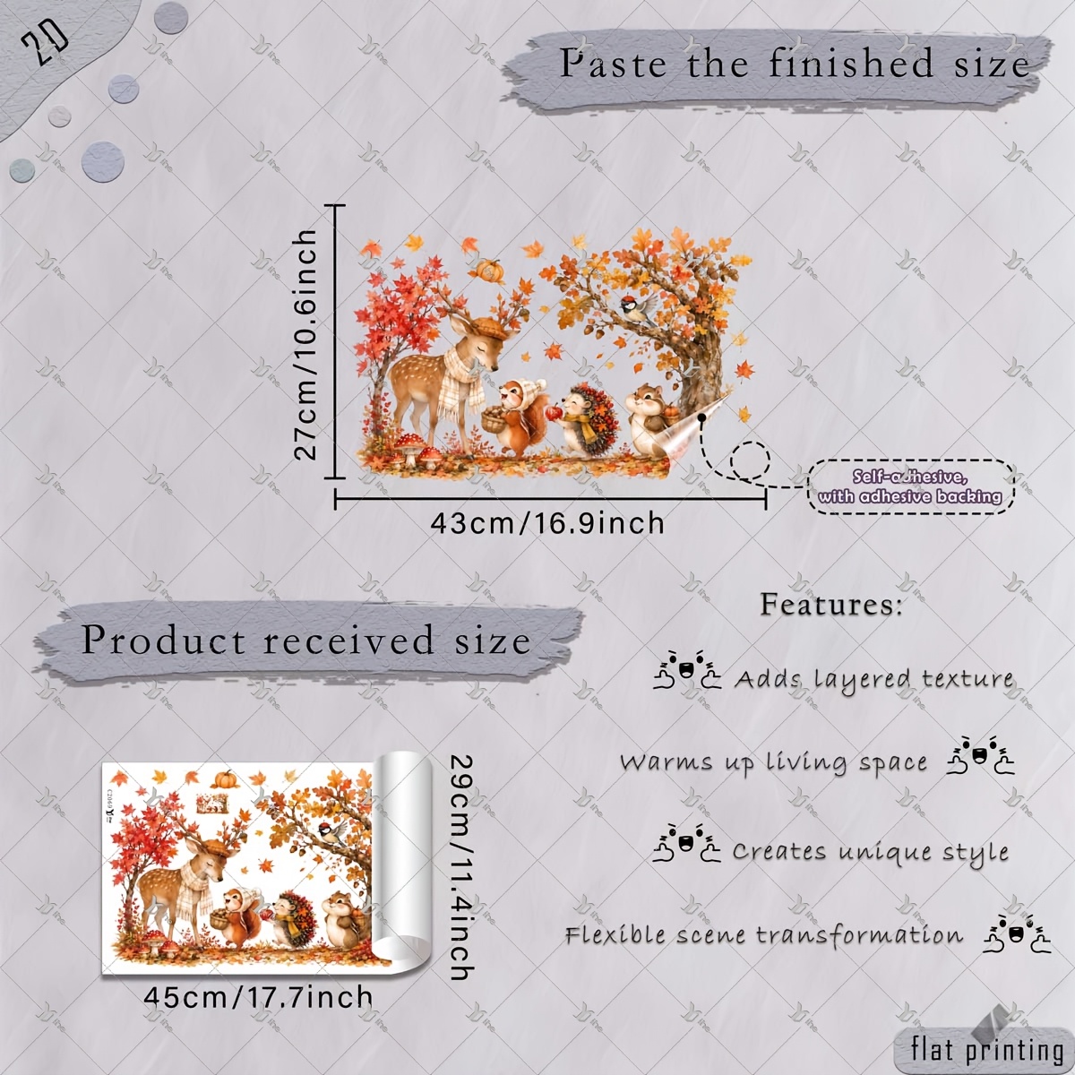 TEMU 2d Flat - 2d Flat - 1pc 2d Flat Printed Autumn Window Sticker With Deer, Squirrels, Hedgehogs, Birds And Maple Trees, Creative Self-adhesive