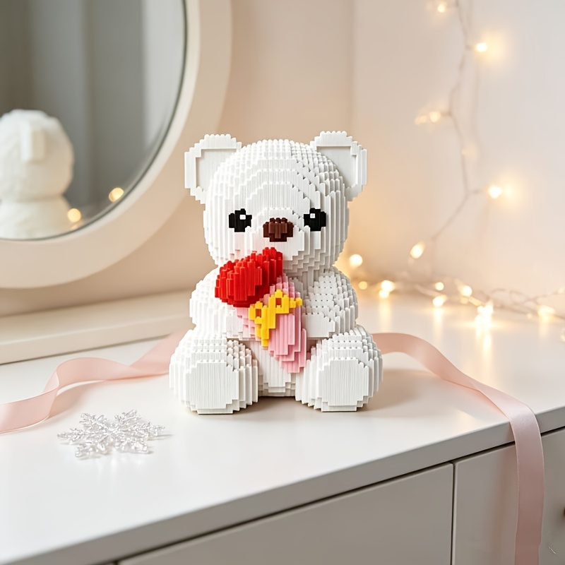 TEMU 2000pcs New Exquisite Rose And Little White Bear Building Block Ornament, Handmade Diy 3d Puzzle Model Decoration, High-difficulty Stress-relief