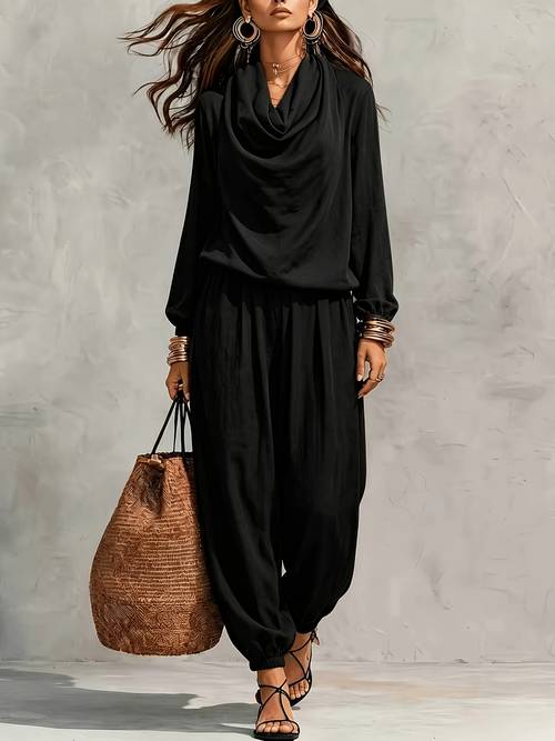 item picture minimalist high end style loose collar long sleeve top with high waist elastic bell pants 2pcs set for women lazy drape loose fit figure flattering for commuting vacation and casual wear