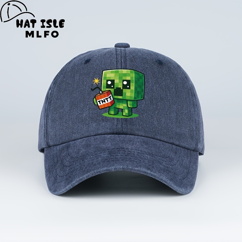 TEMU Vintage Cartoon Creeper Print Minimalist Streetwear Washed Baseball Cap Lightweight And Comfortable Adjustable Curved Brim Cap Suitable For