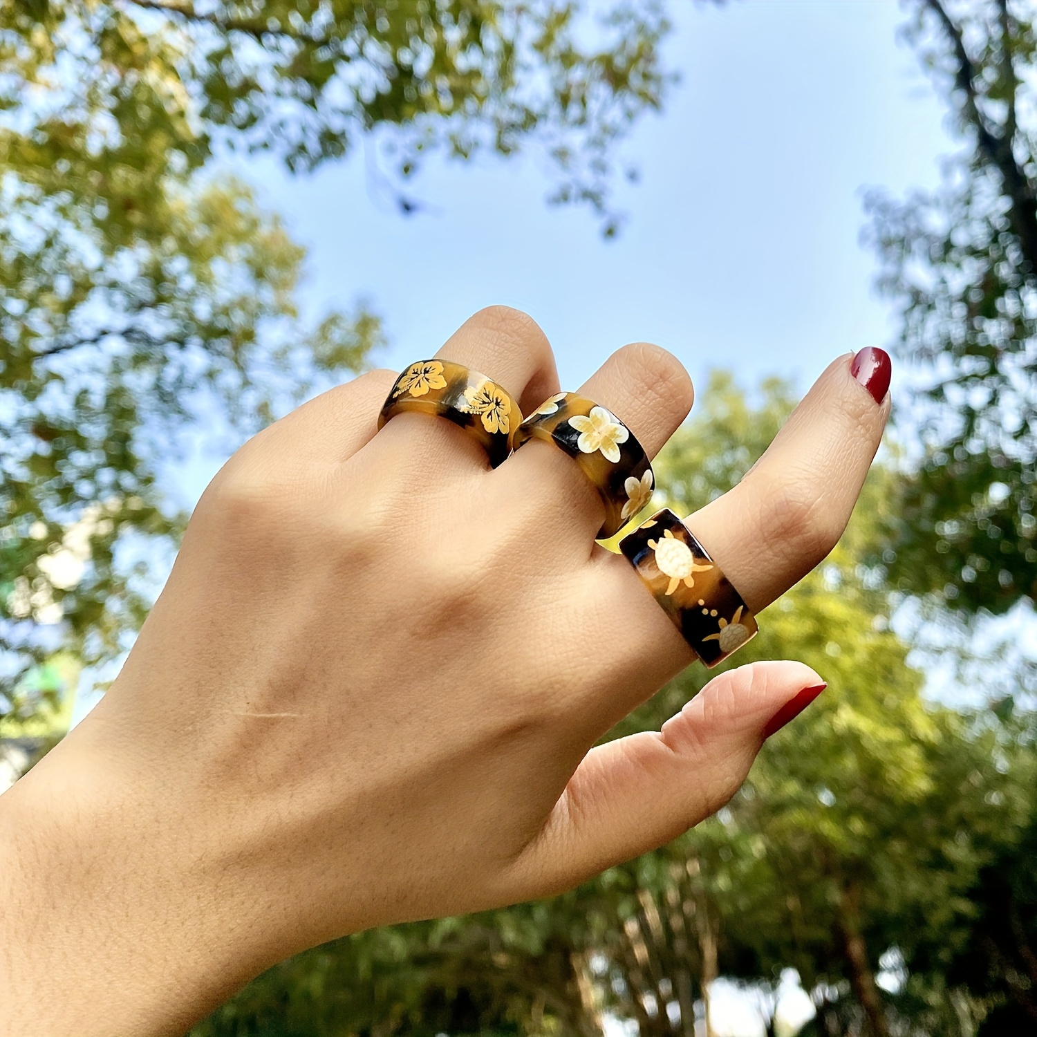 3pcs Hawaiian Tropical Flower Animal Printed Open Ring Set