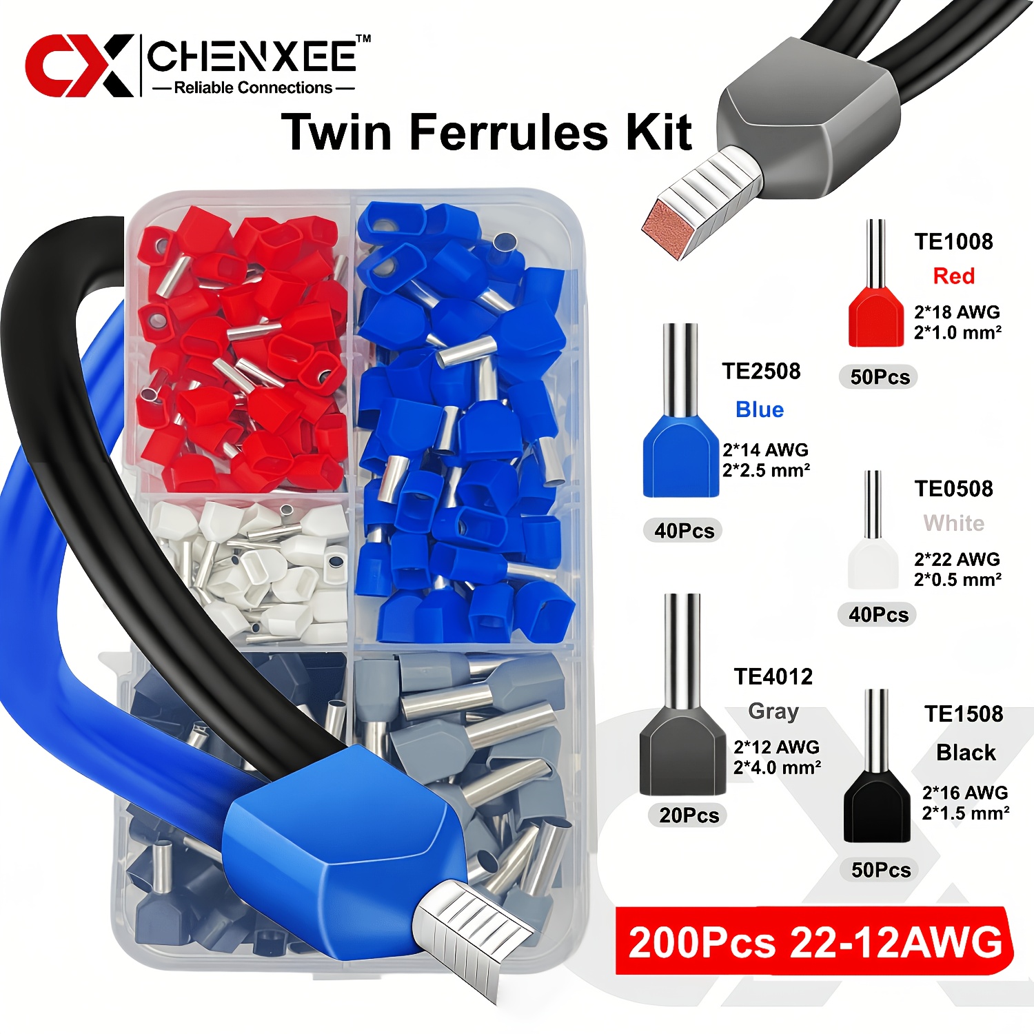 TEMU Kit di terminali a filo con cricchetto, 200-500 pezzi, terminali per estremit� di cavi a , isolanti per cavi, set di connettori per cavi AWG