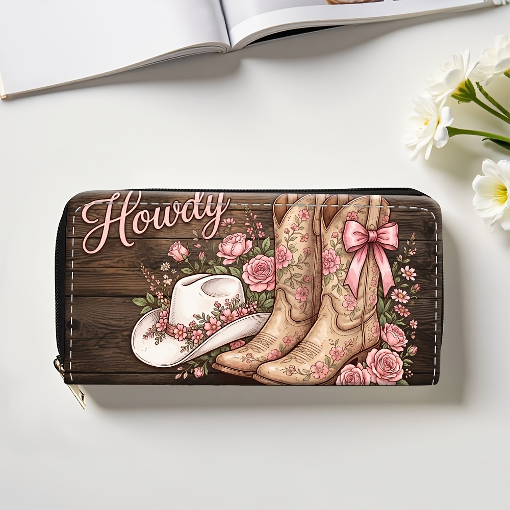 TEMU 1pc Howdy Cowboy Boots Designed Long Wallet With Zipper, Multifunctional Pu Purse With Card Holder Card Slots And Coin Pouch, Fashionable