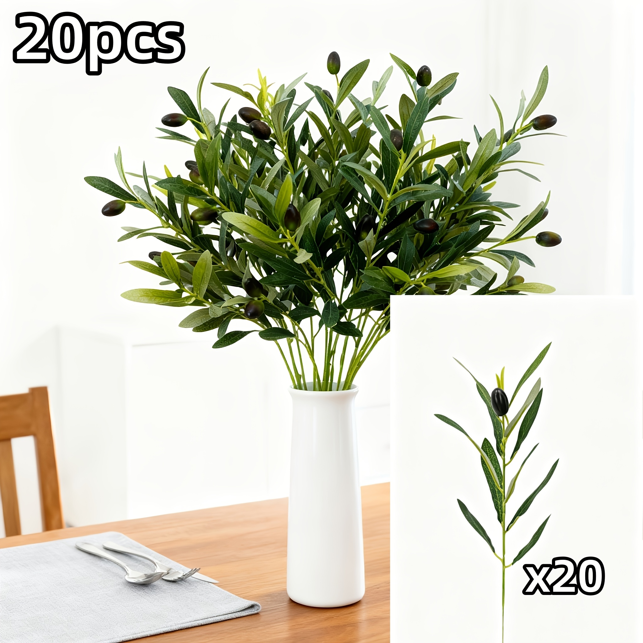 TEMU 20pcs Artificial Floral Arrangement, Faux Plant Stems With Green Leaves, Fake Olive Plant, Suitable For High-end Home Decor In And Windowsills,