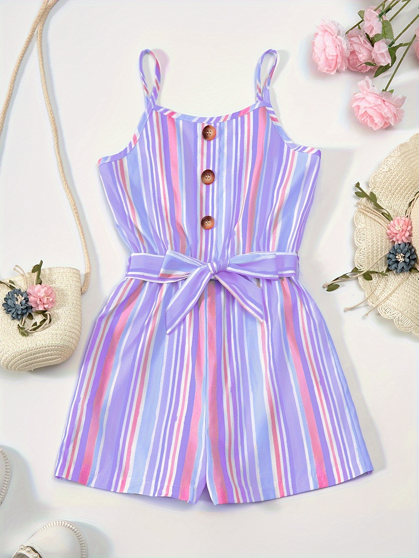 Girls' Striped Strappy Summer Casual Jumpsuit With Random Striped Collar And Belt, Outdoor - Kids' Fashion