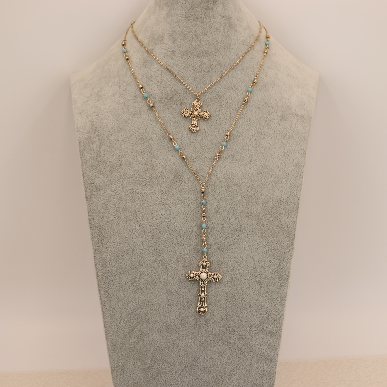 Vintage Bohemian Y-Shape Double Layer Necklace for Women - Golden Cross Pendant with Turquoise Beads &amp; Acrylic, Everyday Jewelry Gift for Valentine’s Day, Vintage Necklace, Versatile Accessory, Intricate Beadwork