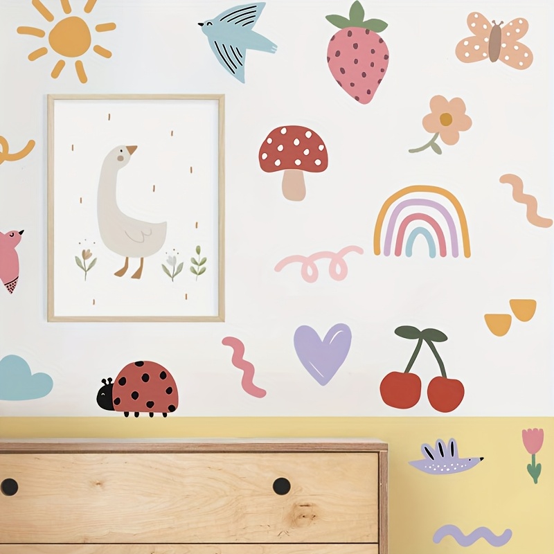 Modern Minimalist Wall Stickers Featuring Ladybugs, Mushrooms, Cherries, The Sun, , And Birds, Easy To Apply, Suitable For Decorating Rooms, Self-adhesive For Use
